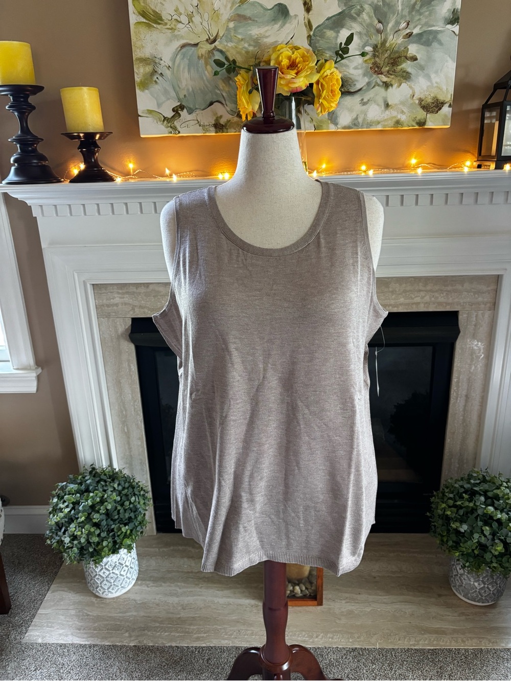 *NEW* Sleeveless Rib Trim Detail Vintage Taupe Heather Tank Sweater - Size - XXL